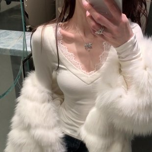 法式白色蕾丝花边v领打底衫女秋冬皮草内搭纯欲性感显瘦气质上衣