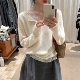 女秋冬绝美巨好看内搭打底衫 miu系白色蕾丝拼接v领长袖 针织衫 上衣