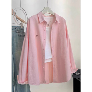 早秋粉色减龄翻领衬衫外套女设计感宽松显瘦长袖衬衣外搭开衫上衣