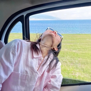 法式高级感淡粉色亚麻防晒衬衫女夏季薄款宽松休闲慵懒风苎麻衬衣