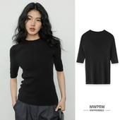 正肩短袖 女早秋修身 显瘦半袖 高级感气质黑色打底衫 内搭针织衫 上衣