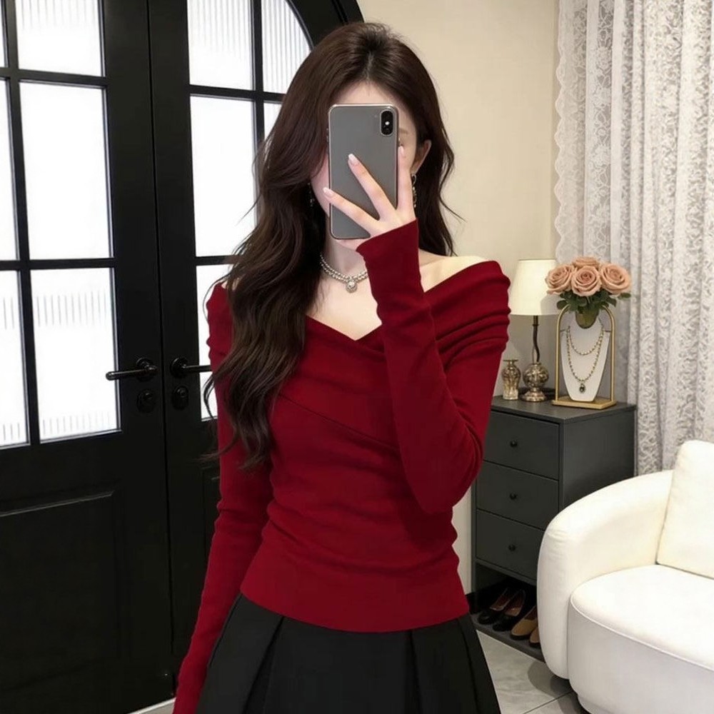 绝美复古红色露肩v领长袖打底针织衫女秋冬气质时髦新年穿搭上衣,女装/女士精品,毛针织衫,淘宝优惠券,粉丝福利购,淘宝优惠卷