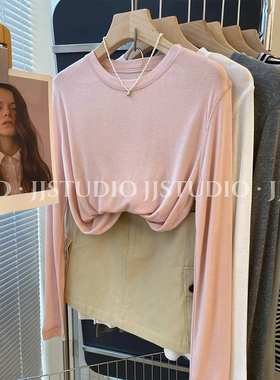 软糯天丝羊毛面膜T女2026早春新款白色内搭打底衫正肩长袖T恤上衣