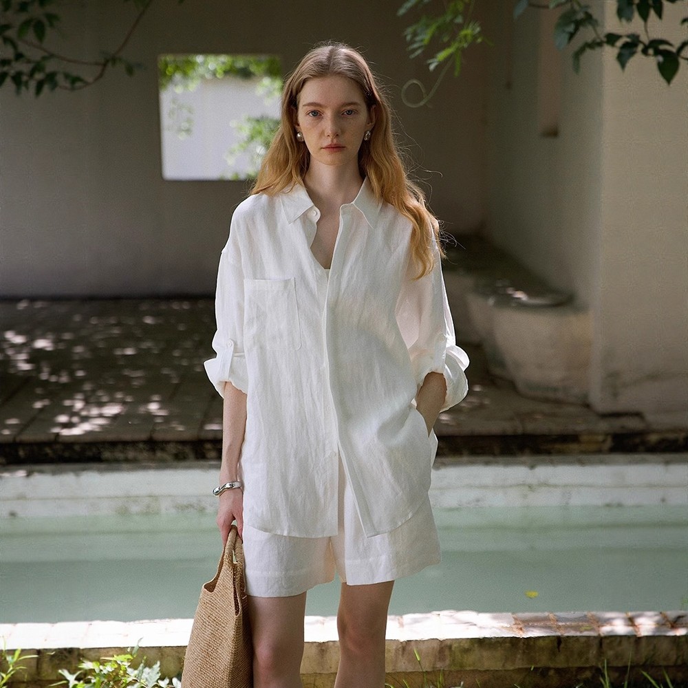 白色亚麻老钱风衬衫女夏薄款慵懒松弛高级感棉麻衬衣短裤防晒套装,女装/女士精品,衬衫,淘宝优惠券,粉丝福利购,淘宝优惠卷
