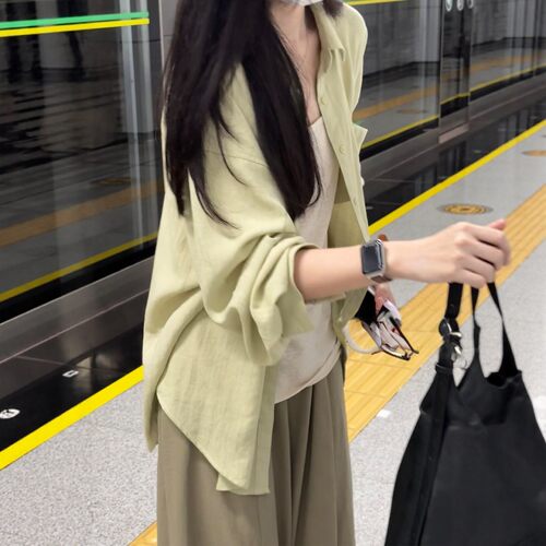 【送运费险】绿色休闲风亚麻衬衫