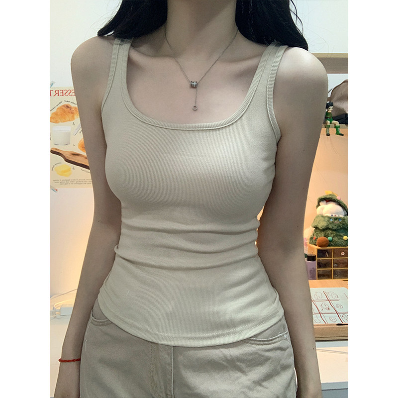 杏色u领螺纹棉吊带背心女夏季外穿纯色百搭显瘦白色打底无袖上衣图片