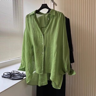 法式高级感绿色棉麻衬衫女夏季薄款宽松慵懒亚麻衬衣长袖防晒上衣