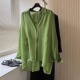 高级感绿色棉麻衬衫 女夏季 薄款 法式 宽松慵懒亚麻衬衣长袖 防晒上衣