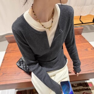 撞色拼接假两件长袖针织衫女秋冬设计感半拉链毛衣内搭老钱风上衣