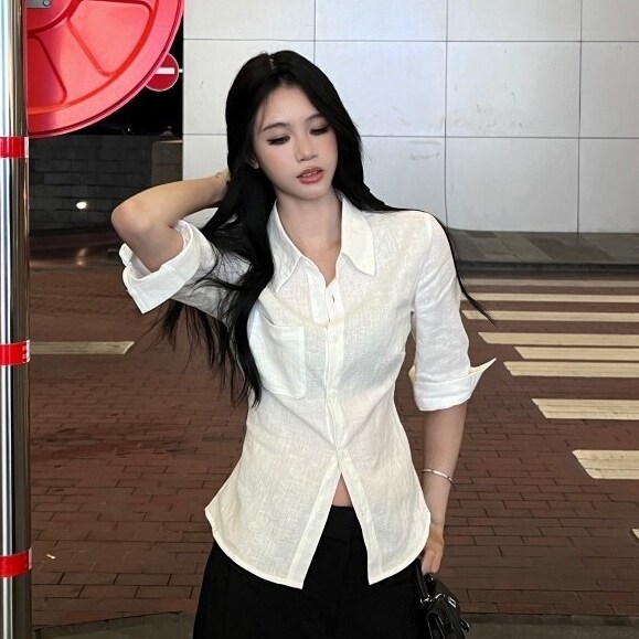 白色亚麻掐腰中袖衬衫正肩短款女春夏超好看棉麻衬衣法式小资上衣