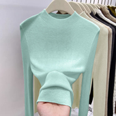 内搭长袖 半高领羊毛针织打底衫 女秋冬套头毛衣洋气薄荷绿修身 上衣