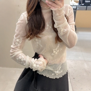 绝美蕾丝内搭可外穿打底衫女秋冬加绒网纱小衫独特漂亮木耳边上衣