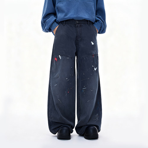 OZGM 手工泼漆洗水伐木裤25秋冬新品复古褪色纯棉工装牛仔裤