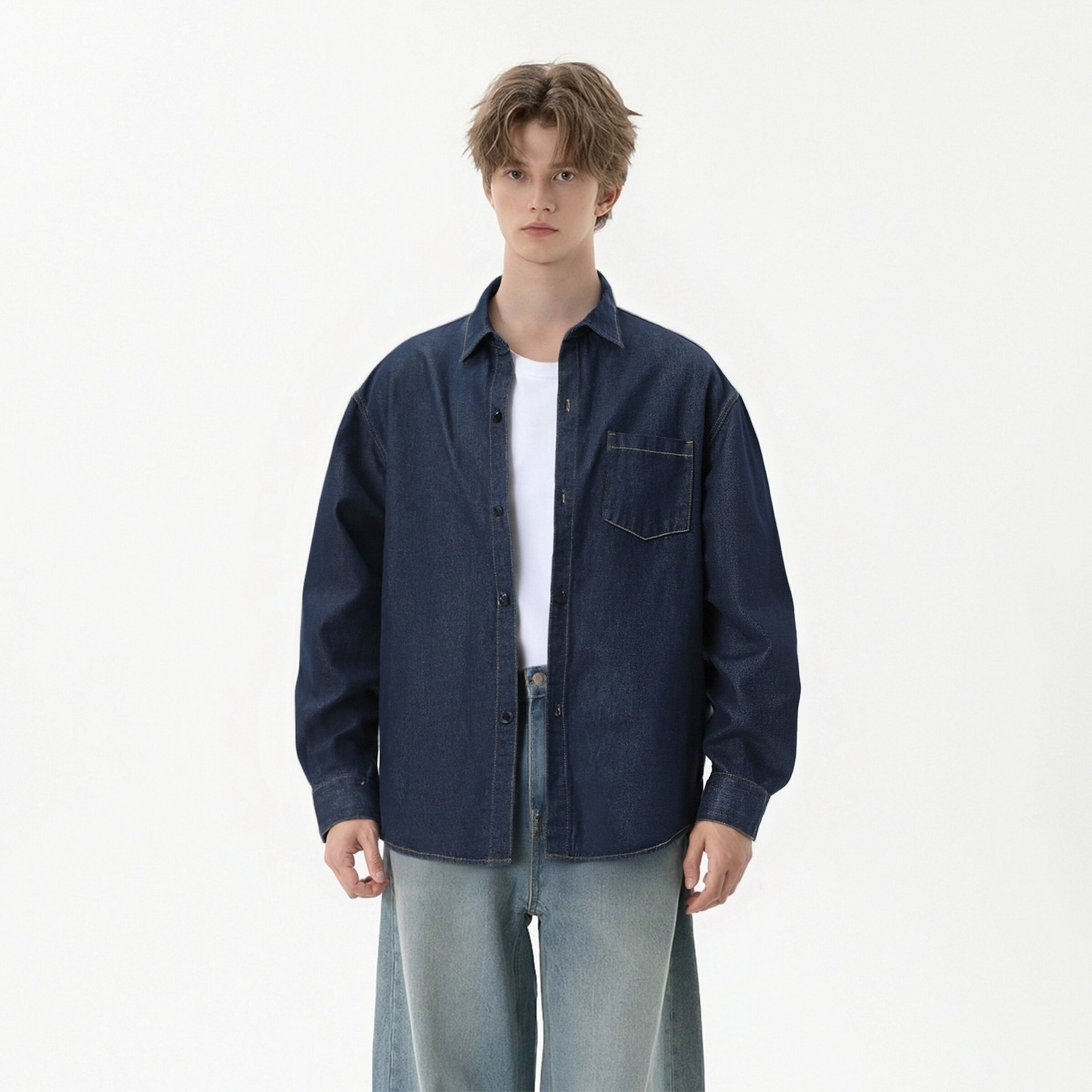 OZGM 男秋季款水洗做旧牛仔衬衣廓形百搭牛仔外套上衣