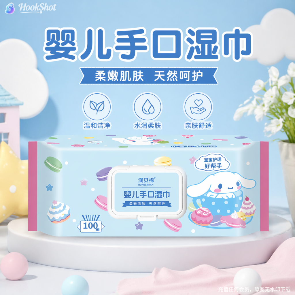 润贝棉大耳兔婴儿湿巾100片装纯水湿纸巾手口专用带盖便携