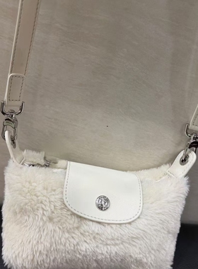 CHASENG&KAVLON白色毛毛饺子包女牛皮mini单肩斜挎包羊羔毛绒包包