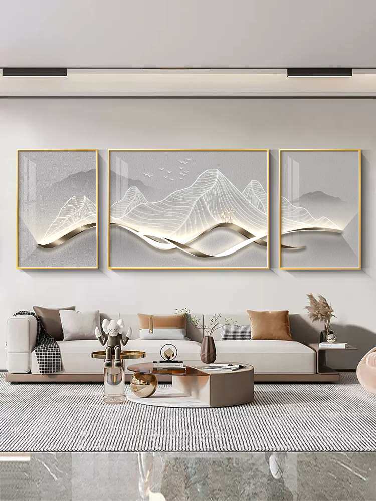 背有靠山客厅装饰画轻奢高级感大气三联壁画沙发背景墙挂画山水画