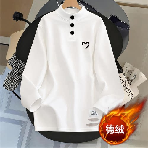 印花款德绒半高领POLO领保暖打底衫秋冬季新款中长款简约女士t恤