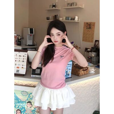 蝴蝶结刺绣正肩短袖T恤女2026夏季新款气质修身显瘦圆领小上衣ins