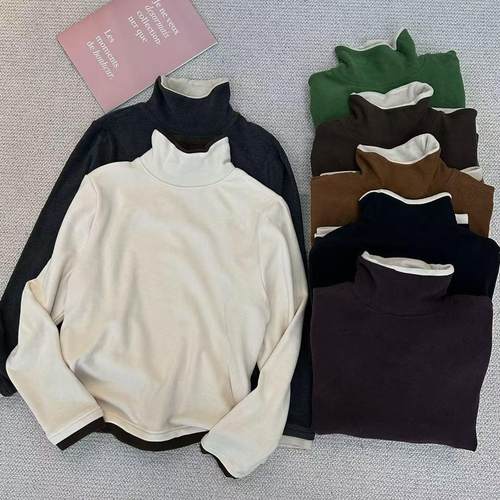 高领撞色拼边假两件双面德绒打底衫女冬休闲宽松磨毛保暖洋气T恤