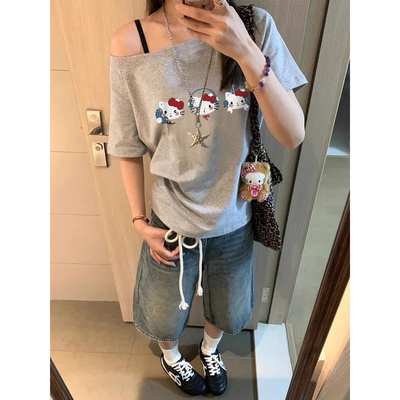 韩版白色卡通Kitty猫短袖T恤女2026夏新款美式复古大码宽松上衣潮