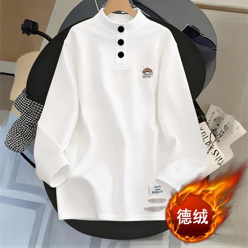 印花款德绒半高领POLO领保暖打底衫秋冬季新款中长款简约女士t恤