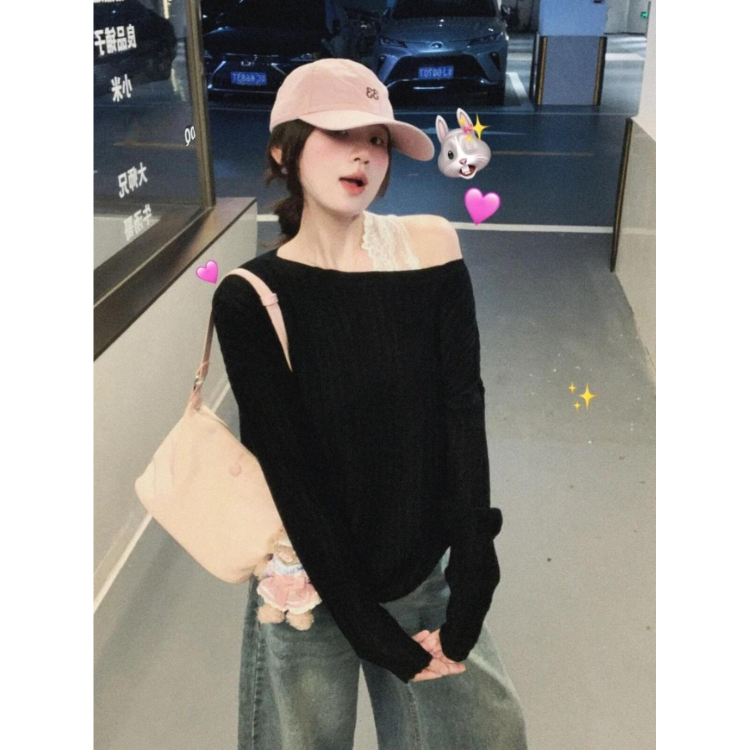 黑色复古斜肩一字肩长袖T恤女韩版ins秋季新款显瘦遮肉慵懒风上衣