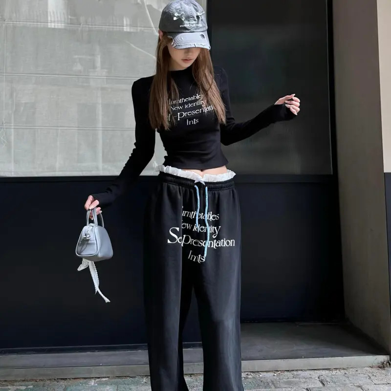 美式复古黑色正肩长袖t恤女秋季内搭打底衫修身收腰辣妹上衣