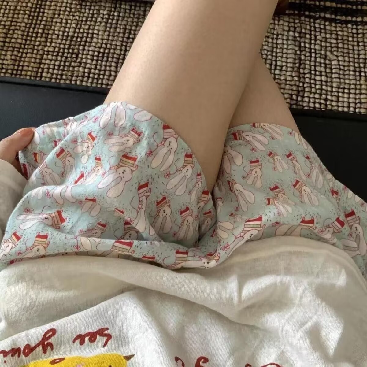 夏季薄款大码80-300斤可穿淡蓝小兔卡通少女休闲百搭遛弯居家短裤