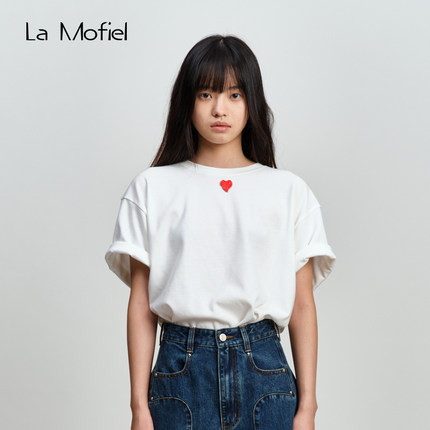 La Mofiel/蓦霏经典红色金属爱心休闲圆领短袖T恤女士圆领短袖t恤