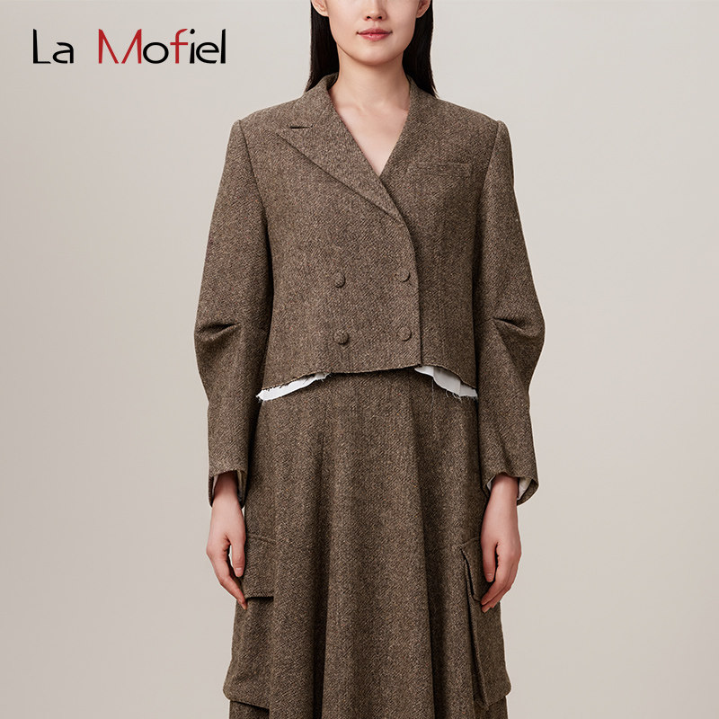 La Mofiel/蓦霏袖笼打褶设计花呢未锁边下摆西装式短外套复古气质