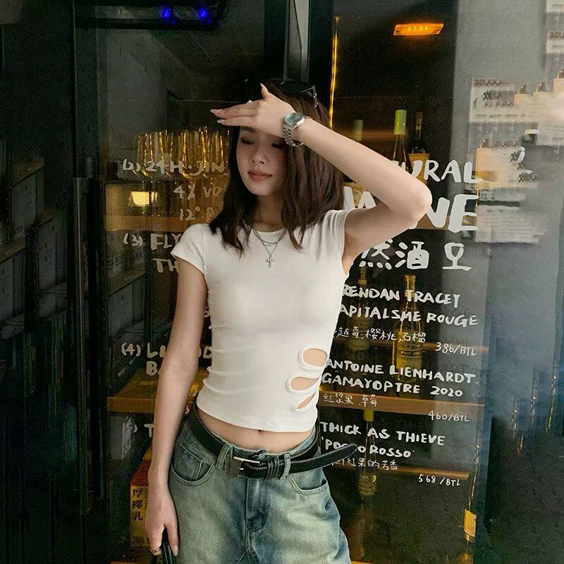 欧美辣妹风镂空破洞正肩短袖T恤女夏修身露脐修身上衣白色