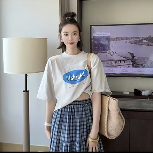 高品陈太太同款短袖t恤女24ss韩版撞色字母印花宽松圆领半袖上衣