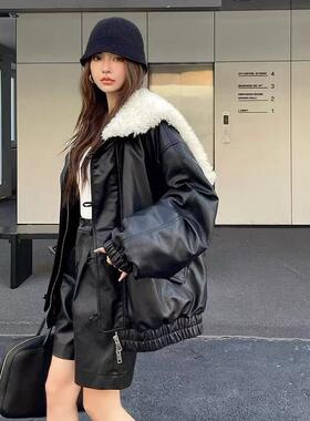 PU24ss新款高级感imm林允同款时尚天使之翼赫本风黑色棉服外套女