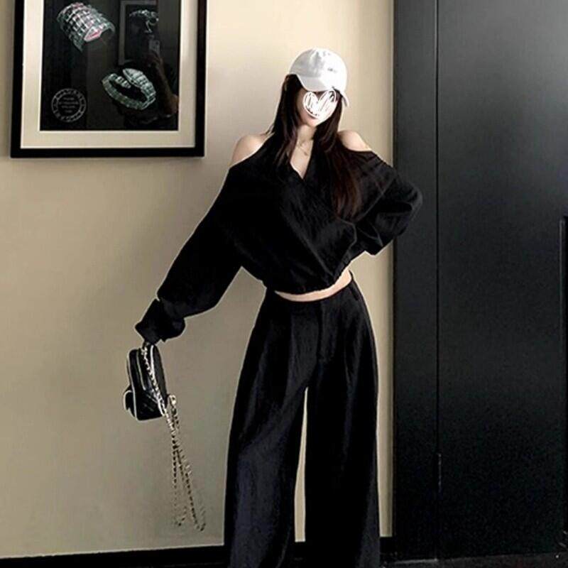 韩系露肩上衣阔腿裤套装女黑色休闲慵懒风减龄两件套