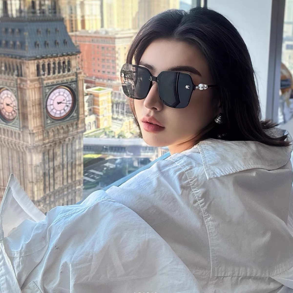 同款时尚轻奢气质小香珍珠山茶花感偏光女太阳镜网红遮阳