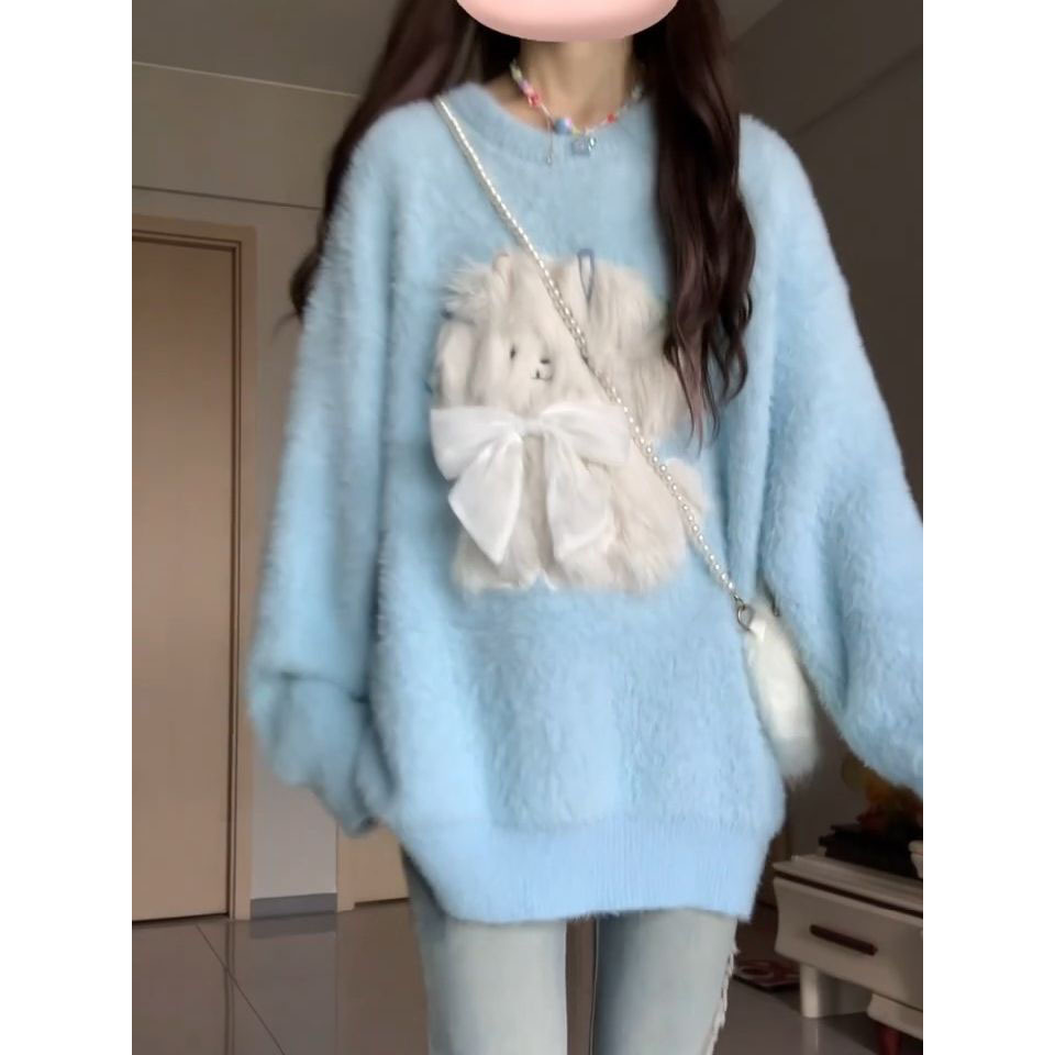 可爱小狗立体蝴蝶结圆领毛衣女学生日系甜美软糯毛茸茸针织长袖