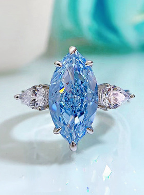 新款S925银镶嵌8*16海蓝宝戒指高碳钻马眼造型指环彩宝蓝色海洋