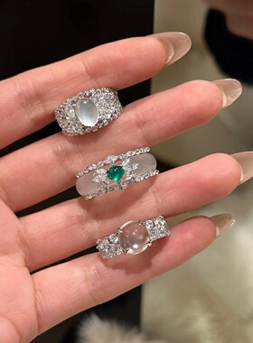 新中式国风系列戒指合集天然玉髓冰月蛋面排钻戒指S925通体纯银女