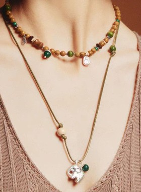 小众设计高级感小象项链女复古百搭图腾项链绿纹石串珠长款毛衣