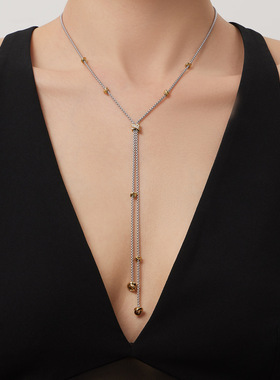 亚马逊跨境长款金珠流苏吊坠不锈钢项链 时尚通勤简约气质锁骨链