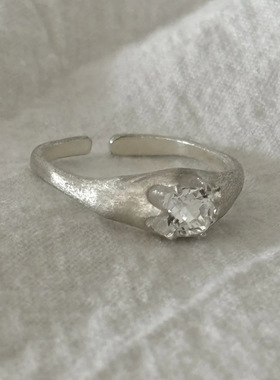 闪钻拉丝S295纯银戒指女镶嵌锆石工艺民国风极简开口可调节指环