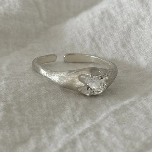 闪钻拉丝S295纯银戒指女镶嵌锆石工艺民国风极简开口可调节指环