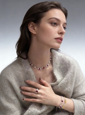 轻奢气质显白满天星红刚玉色裸钻石项链女S925纯银波光粼粼锁骨链