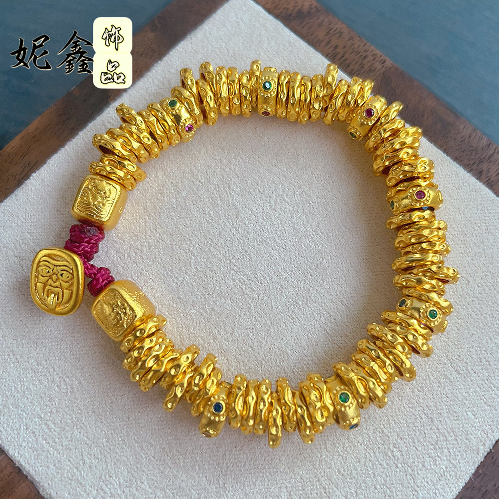 直播同款沙金黄财神盘缠锤纹手链高保色金店同款腰缠万贯手串