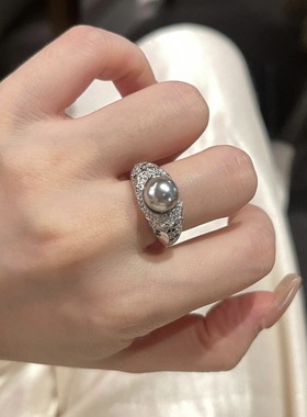 S925纯银豪镶满钻黑钻真多麻灰珍珠戒指高级感老钱风气质轻奢指环