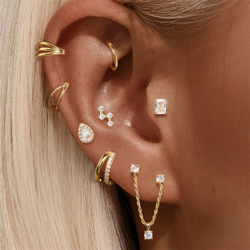 S925new纯银三合一镶钻耳环欧美法式风蝴蝶水滴创意几何组合耳钉