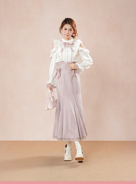 【千鹤】清楚系日系量产型优雅鱼尾裙露肩蕾丝拼接衬衫秋季版套装