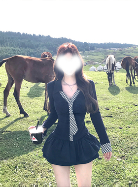 纯欲辣妹风套装女早秋季格纹领带长袖t恤上衣+显瘦蓬蓬短裙两件套