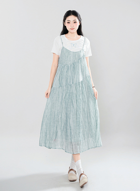 「海盐薄荷」吊带连衣裙+蝴蝶印花套装裙夏季清新森女两件套